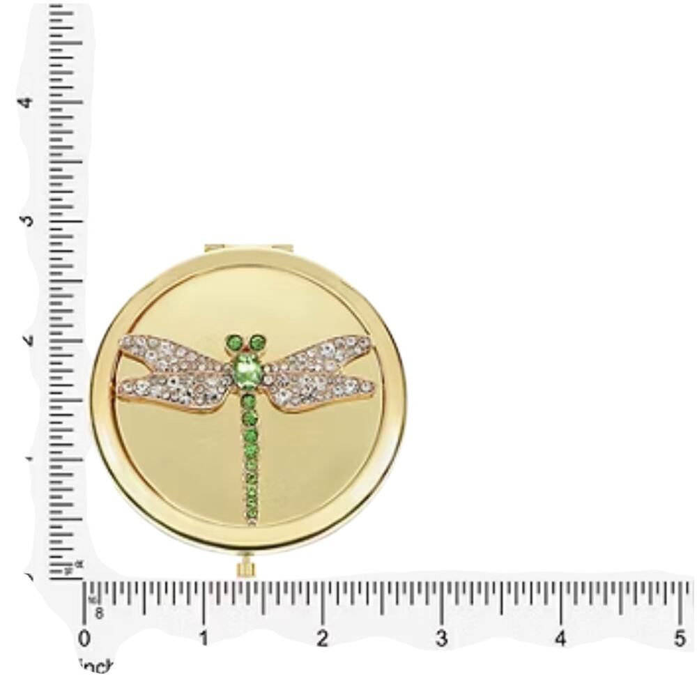 MONET Dragonfly Compact Mirror Gold Tone Green Rhinestone New In Box Insect Bug - Picture 5 of 6